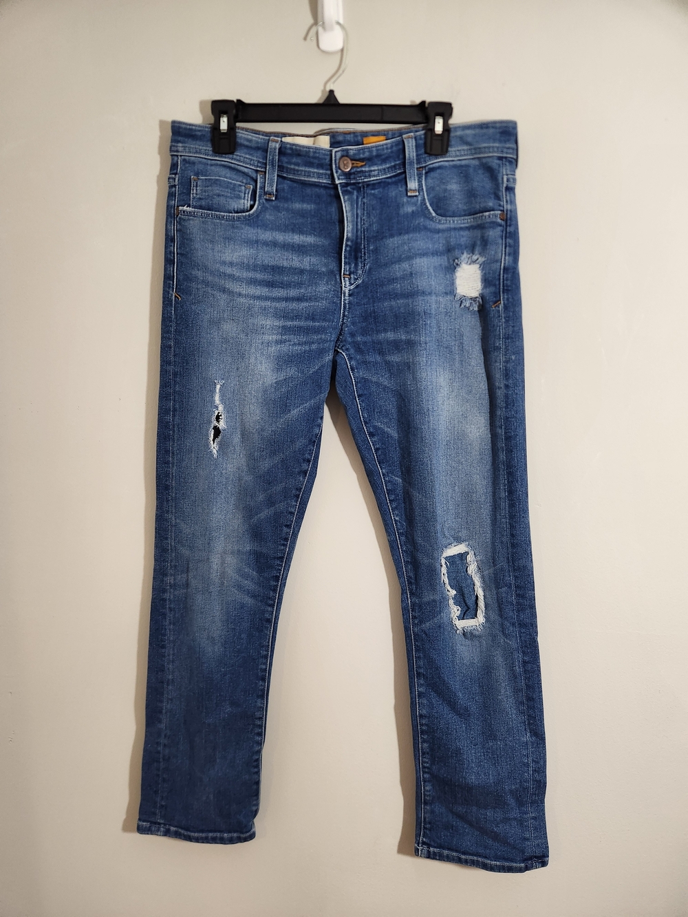 Pilcro and the Letterpress Distressed Denim Blue Jeans Straight Leg Holes Indie